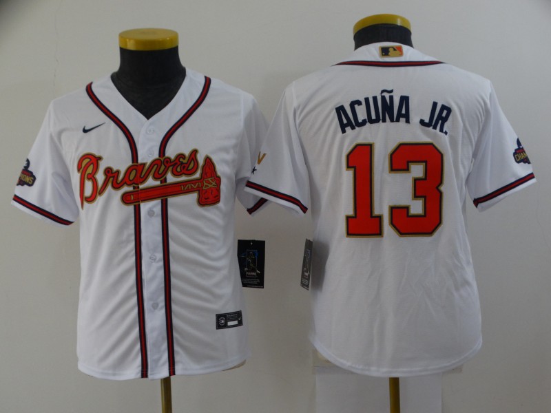 Kids Atlanta Braves ACUNA JR. #13 White MLB Jersey 02