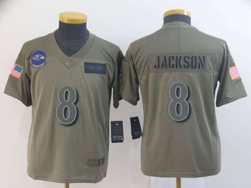 Kids Baltimore Ravens JACKSON #8 Olive Salute To Service NFL Jersey