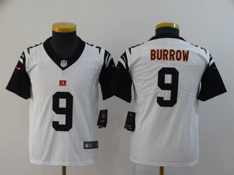 Kids Cincinnati Bengals BURROW #9 White NFL Jersey 02