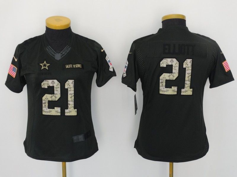 Dallas Cowboys ELLIOTT #21 Olive Salute To Service Women NFL Jersey 04