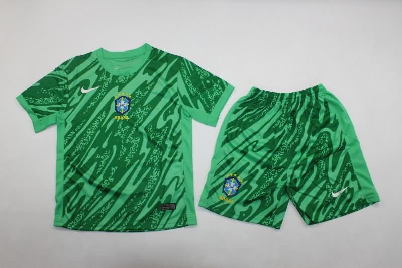 2024 Brazil Copa America Goalkeeper Green Kids Soccer Jersey And Shorts