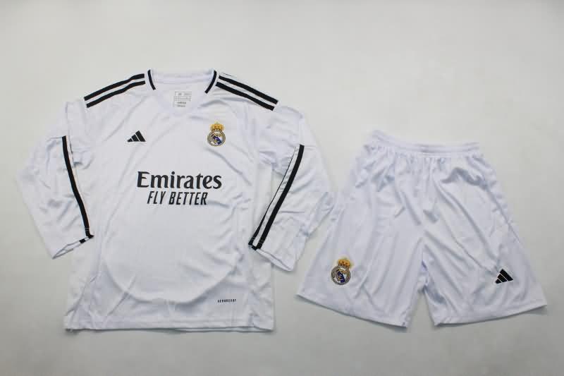 24/25 Real Madrid Home Long Sleeve Kids Soccer Jersey And Shorts