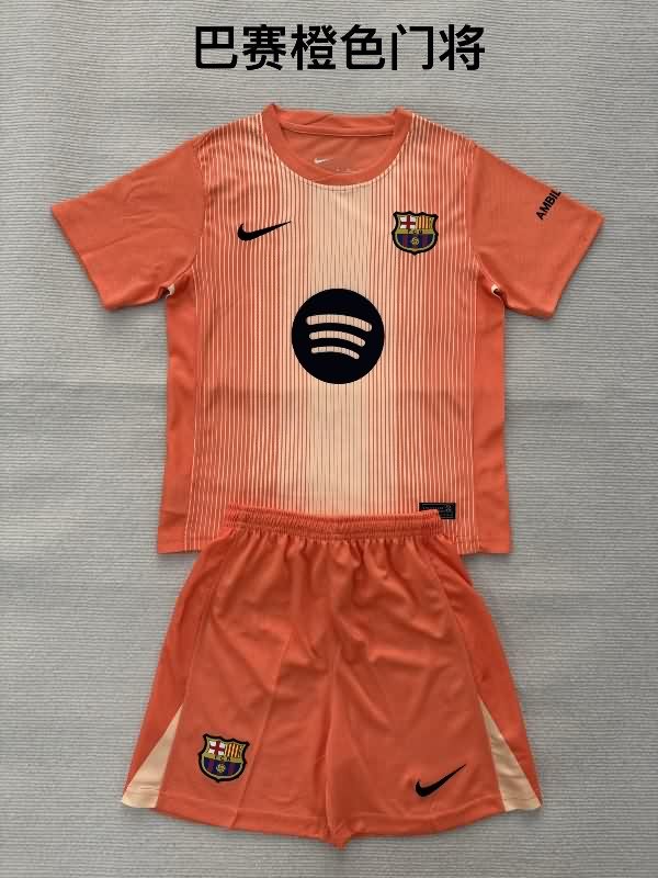 25/26 Barcelona Goalkeeper Orange Kids Soccer Jersey And Shorts