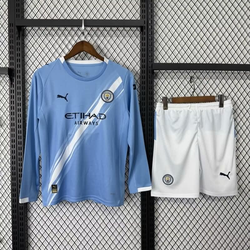 25/26 Manchester City Home Long Sleeve Kids Soccer Jersey And Shorts