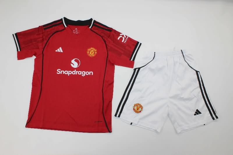 25/26 Manchester United Home Kids Soccer Jersey And Shorts
