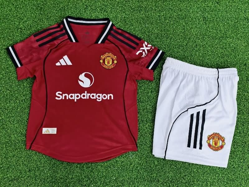 25/26 Manchester United Home Kids Soccer Jersey And Shorts (Player)