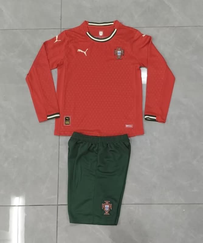 2025 Portugal Home Long Sleeve Kids Soccer Jersey And Shorts