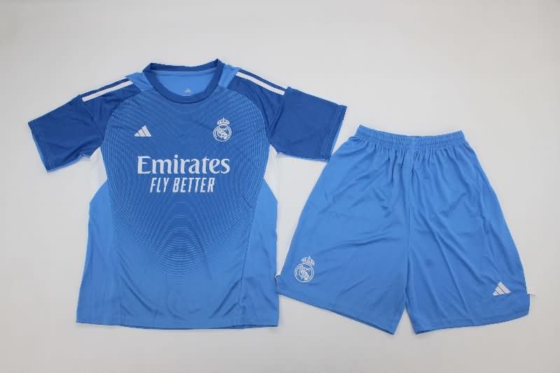 25/26 Real Madrid Goalkeeper Blue Kids Soccer Jersey And Shorts
