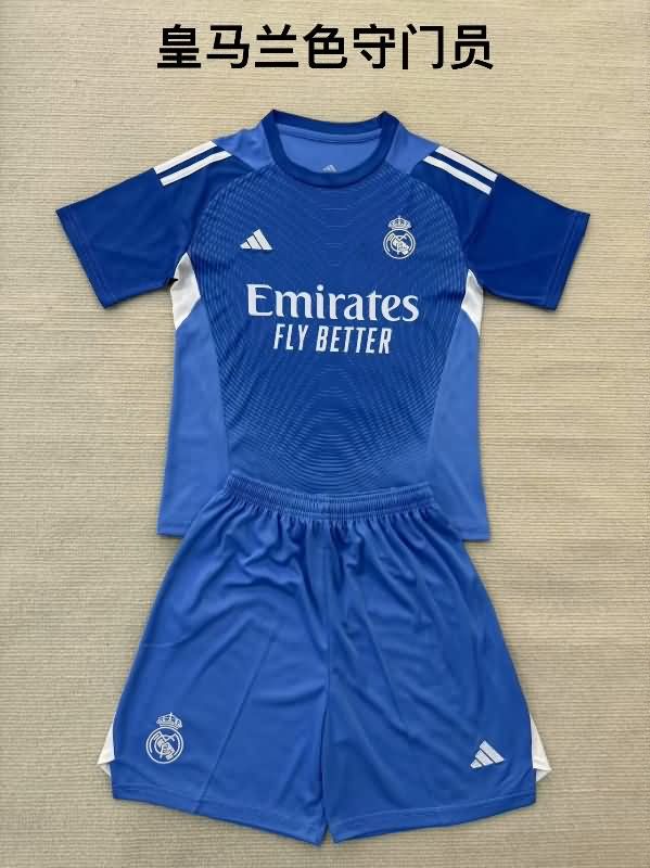 25/26 Real Madrid Goalkeeper Blue Kids Soccer Jersey And Shorts Leaked
