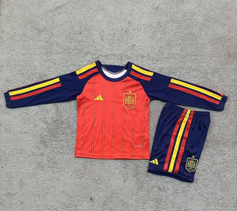 2026 Spain World Cup Home Long Sleeve Kids Soccer Jersey And Shorts