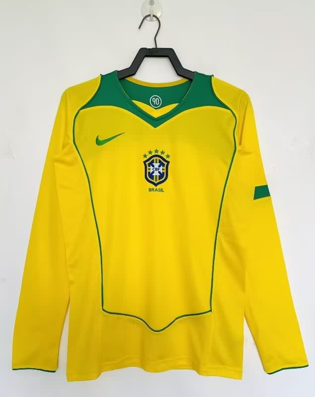 Thailand Quality(AAA) 2004 Brazil Home Retro Long Sleeve Soccer Jersey